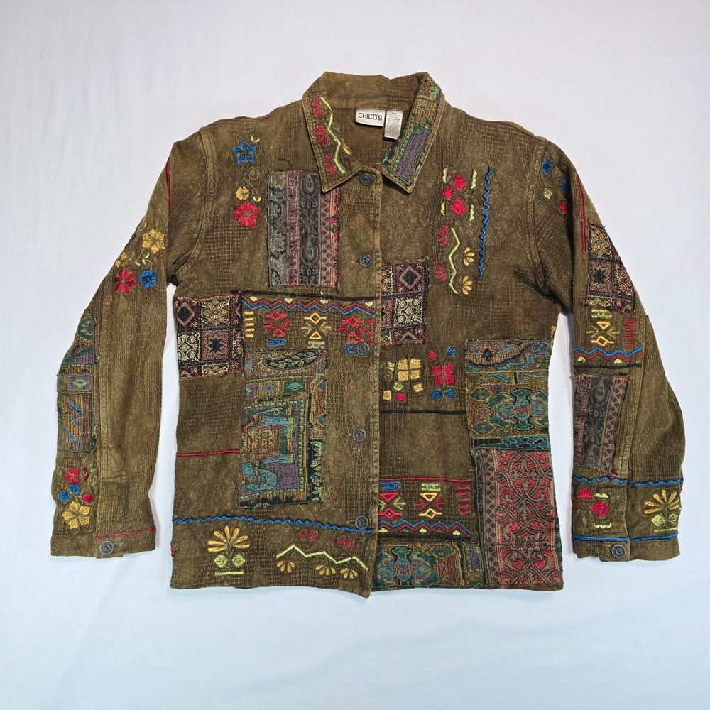 Chicos Olive Green Patchwork Embroidered Tapestry Jacket Size 2 Boho Art To Wear
